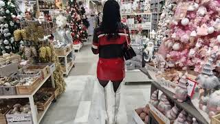 Victoria Devil-My New White High Heel Boots, Red Vinyl Mini Skirt,Leather Jacket Walking In The Mall