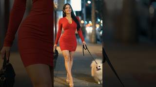 Red Bodycon Mini Dress With Long Sleeves, Beige Platform Heels, Black Handbag