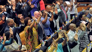 South African MPs celebrate as Cyril Ramaphosa is sworn in South African MPs celebrate as Cyril Ramaphosa is sworn in