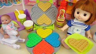 Play doh Waffle and baby doll kitchen cooking play
