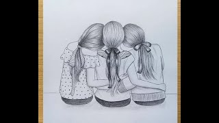 Best freinds drawing ll How to draw three best friends hugging each otherll Pencil sketch drawingl