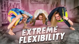 Three Contortionist. Extreme Flexibility. Flexshow Studio. Gymnast Acrobat And Circus Girl.