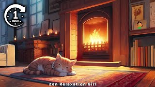 1 Saat Şömine Sesi Uyku, Ders Ve Rahatlama İçin Kedi Lofi Ambiyans