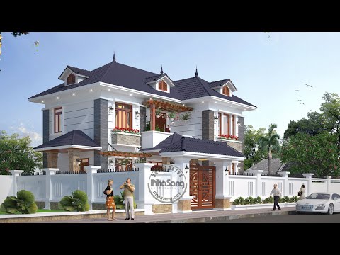Mẫu thiết kế nhà vườn 120m2 chữ L 2 tầng mặt tiền 14x10m 4 phòng ngủ BT122