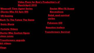 Video Plans for Ben's Production's of March April 2019