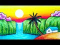 How to Draw Easy Waterfall and Sunset Scenery | Oil Pastels Drawing