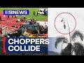 Two helicopters collide mid-air during Malaysia military parade rehearsal | 9 News Australia