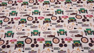 Cream Stof France Vintage Car Fabric With Road Signs
