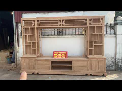hoàn thiện phần mộc mẫu kệ tivi gỗ gõ đỏ kết hợp kệ trang trí dài 3m4x cao 2m3