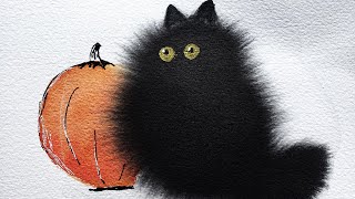 Black Fluffy Sumi Ink Wet In Wet Cat For Halloween Watercolor Tutorial