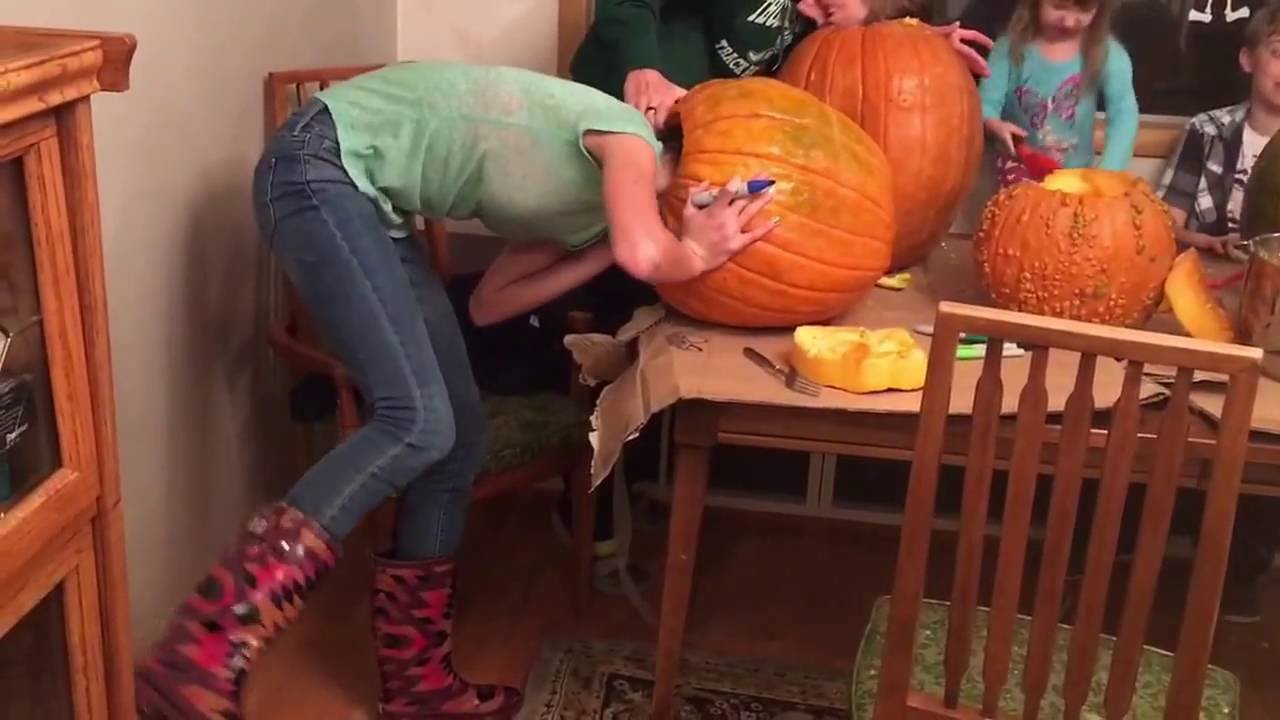 Girl Gets Head Stuck In Pumpkin