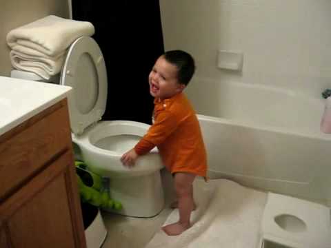 toddler puts his head in the toilet