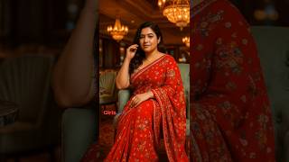 Elegant Indian Woman In Red Floral Saree Sitting In A Luxurious Hotel Lounge
