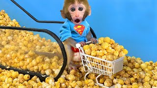 Monkey Baby Bon Bon Goes To The Supermarket To Buy Popcorn With Duckling And Bath With The Puppy