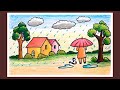 How to Draw Rainy Season Scenery for Kids | Step by Step Village Scenery Drawing | Rain Drawing