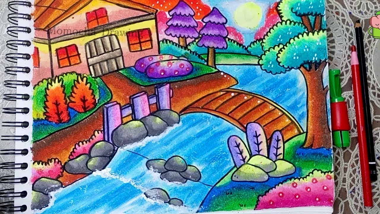 Cara Menggambar Dan Mewarnai Pemandangan Alam Rumah Sungai