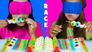 ASMR Candy Race with Closed Eyes (Gummy Eyeballs, Jelly Straws, Peeps Marshmallo