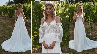 Bryony Floral Organza Clic A Line V Neckline Sheer Lace Sleeves Destination Wedding Dress