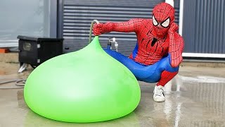 Spider Man Popping Giant Water Balloons!