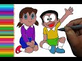 Nobita, Shizika - Drawing and coloring Doraemon for kids - Dạy vẽ cho bé - Dạy bé vẽ Doraemon