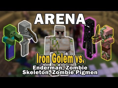 Watch Minecraft Arena Battle Iron Golem vs. Enderman, Zombie, Skeleton, Zombie Pigmen