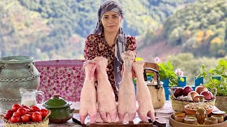 Cooking A Delicious Dish Of Cow Hooves With Fresh Bread In Village
