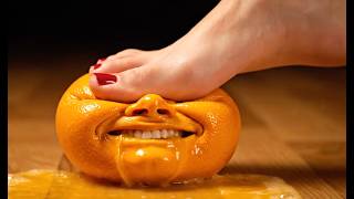 A Womans Bare Feet Trampling Facial Fruits And Animals - Satisfying Asmr Ai