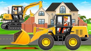 Evacuator And Wheel Loader Constructing A Brick Fence Around The House Construction Vehicles