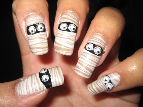 0 Halloween Mummy Water Marble Nail Art Tutorial