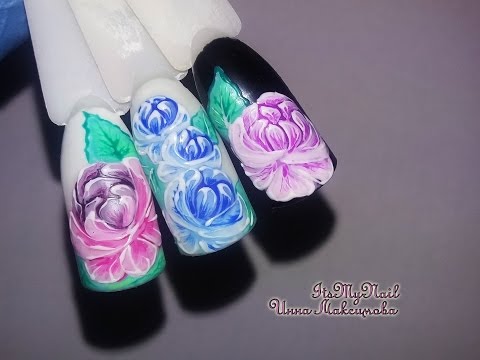 Нарисованные пионы на ногтях Нарисованные пионы на ногтях