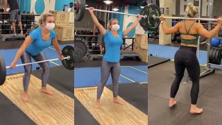 Powerlifting Sport Girl In Gray Shiny Spandex Leggings