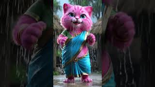 Dancing Pink Cat In Wet Saree Enjoys Monsoon Rain Village Aesthetic Vibes Pinkcat