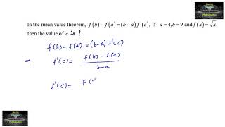 In The Mean Value Theorem Fb - Fab-Afc, If A 4, B9 And Fx X, Then The Value Of C