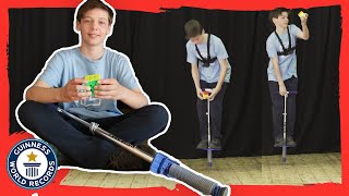 George Turner: Fastest time to solve a Rubik's Cube on a pogo stick! - Meet The Record Breakers