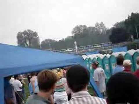 Porta Potty racing in the infield of Kentucky Derby. If you've never seen this sport you have to check it out!! The first guy falls in and gets his leg