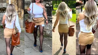 Wolford Black Satin Tights Tryon Hose Safari Mini Skirts Super High Heels Walking Park Outdoor