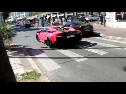 Pink Lamborghini Murci lago LP 6704 SV Sound driving in Cannes 