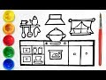 How To Draw Kitchen For Kids || Glitter Kitchen coloring and drawing for Toddlers