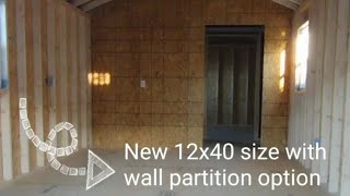 12x40 size Storage building with interior wall partition and electrical wiring package