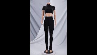 Summer Solid Color Tight Short Sleeve Crop Top Long Pant Slit Stretch Simple Two-Piece Set Da002778