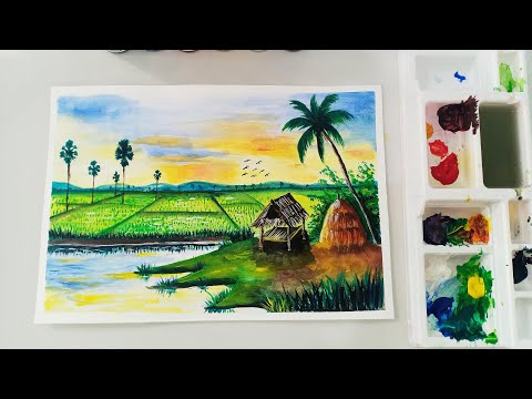 วาดภาพวิวทุ่งนา ด้วยสีโปสเตอร์ How to draw Rice Field with poster Colour