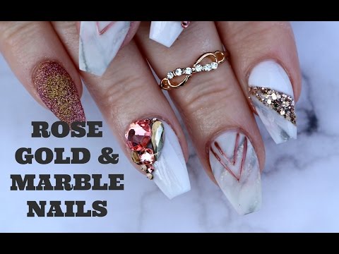 ROSE GOLD & MARBLE NAIL ART TUTORIAL | 3d glitter - YouTube