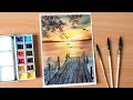 Watercolor painting of sunset evening landscape scenery of riverside step by step
