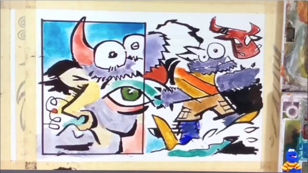Cartoon of Coffee with Squirrels • A Cubist Cartoon • Paint By Monster June 25th 2020