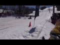 EPIC FAIL!  Snowmobile crash, close call for starting line official and driver.