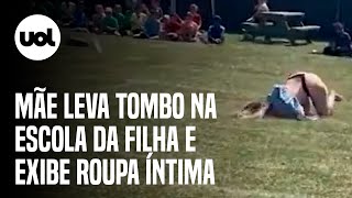 Mãe leva tombo na escola da filha, vestido levanta e acaba mostrando demais; ass