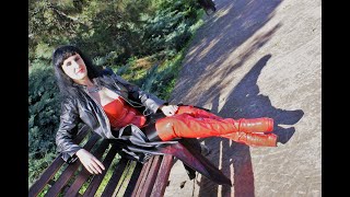 Victoria Devil. Black Leather Sexy Leggings,Long Black Leather Coat,Red Leather Corset And Red Boots