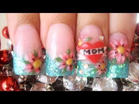 My first I LOVE MOM TATTOO inspired 3D acrylic nail tutorial cherry blossoms 