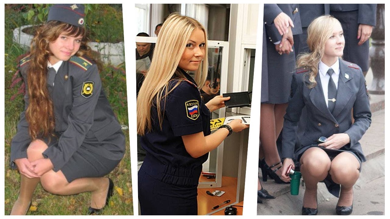 Черные чулки смотрятся сексуально на женщине полицейской она снимает рубашку и показывает сисечки