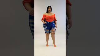 Glamorous Models Lifestyle Curvy Woman In Denim Short Style. Plus Size Women Beauty Fashion.